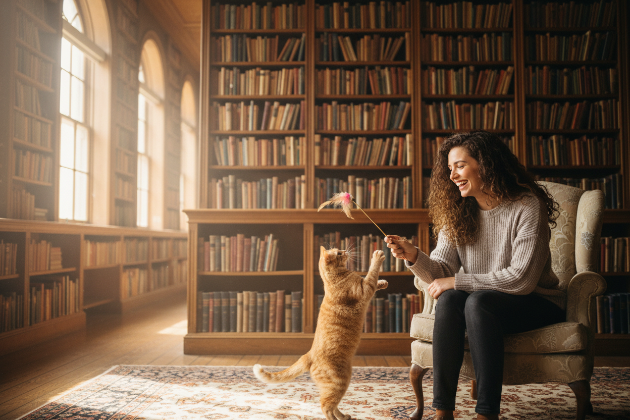 High quality orange cat picture playing with the woman in the library